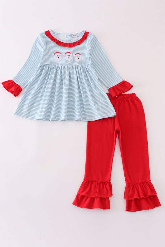 Abby & Evie Blue stripe christmas santa  embroidery girl set