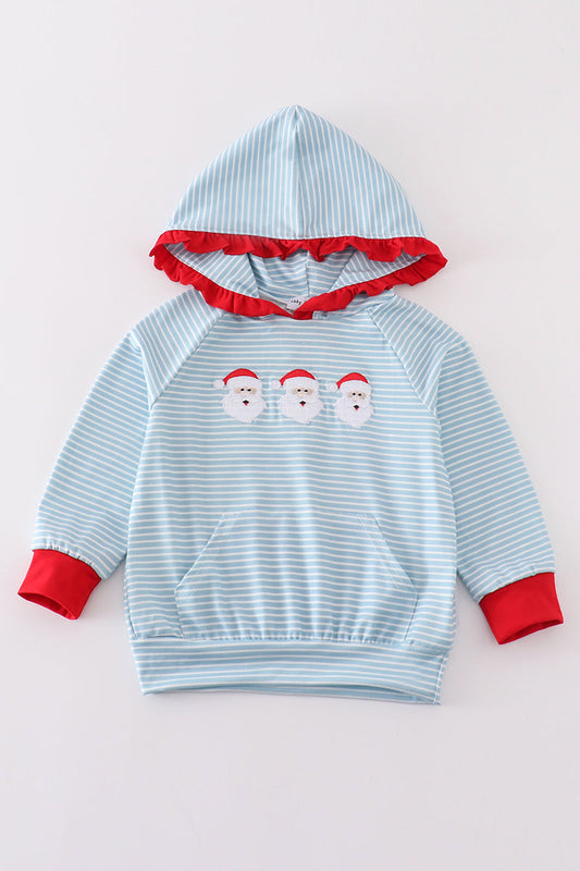 Abby & Evie Blue stripe christmas santa ruffle embroidery girl hoodie