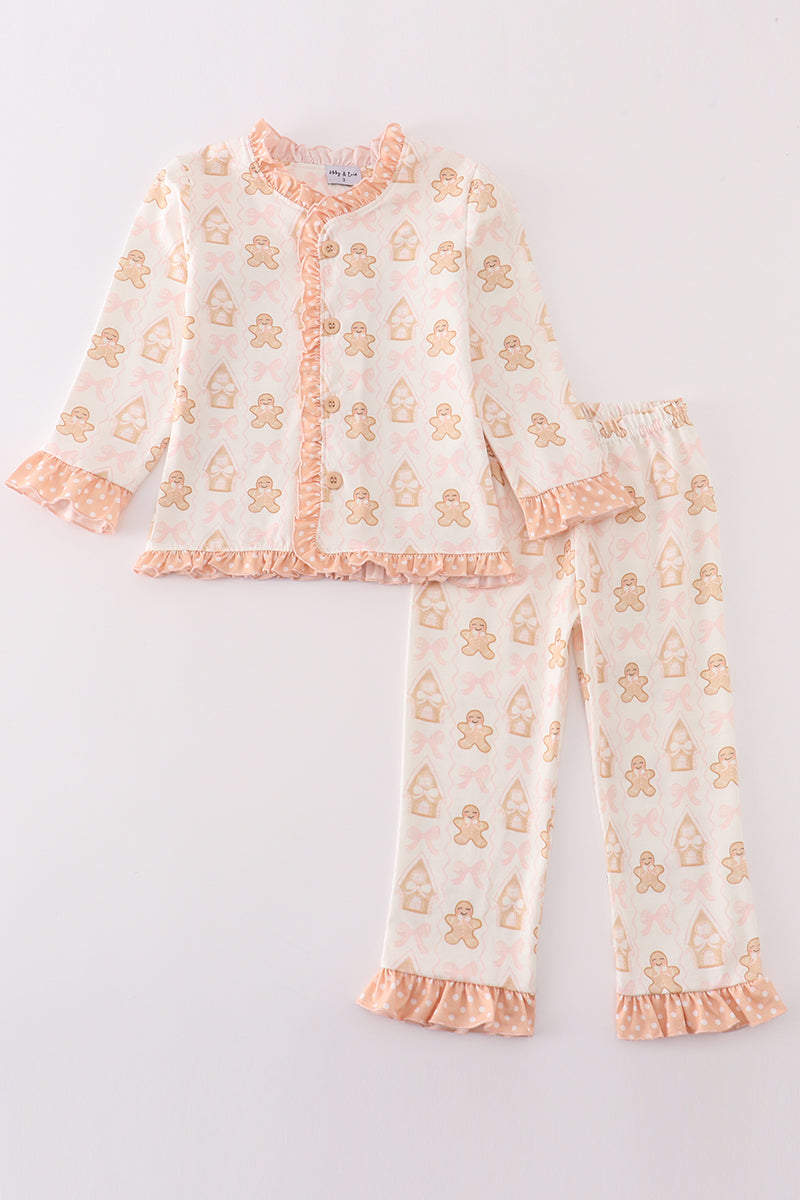 Abby & Evie Beige gingerbread girl ruffle pajamas set