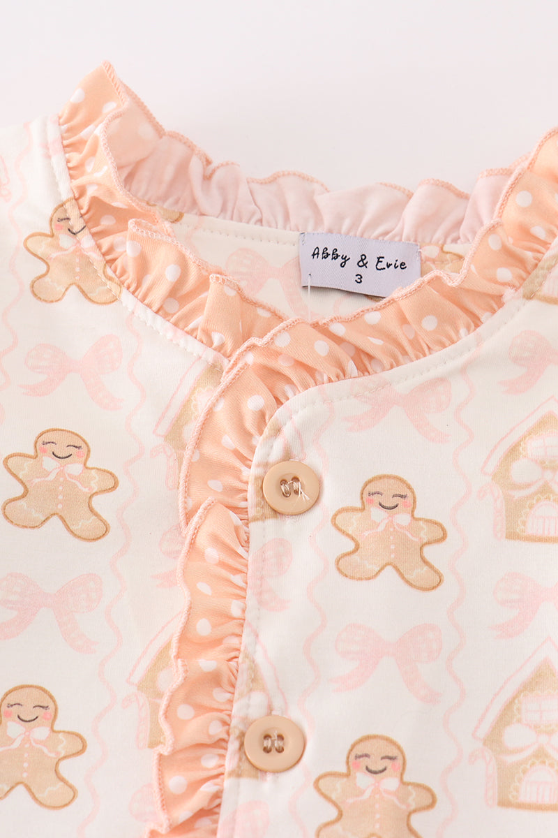 Abby & Evie Beige gingerbread girl ruffle pajamas set