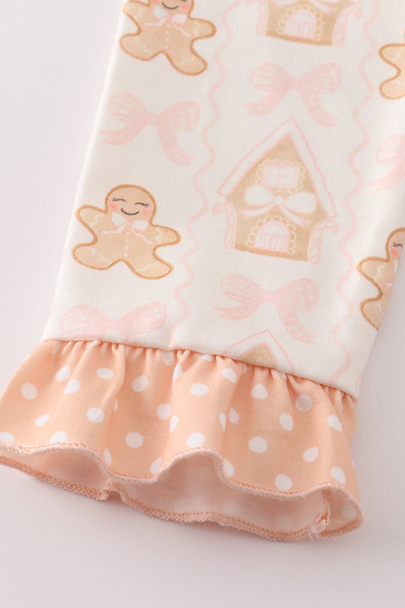 Abby & Evie Beige gingerbread girl ruffle pajamas set