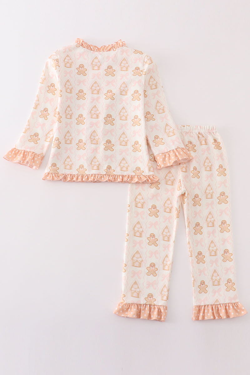 Abby & Evie Beige gingerbread girl ruffle pajamas set