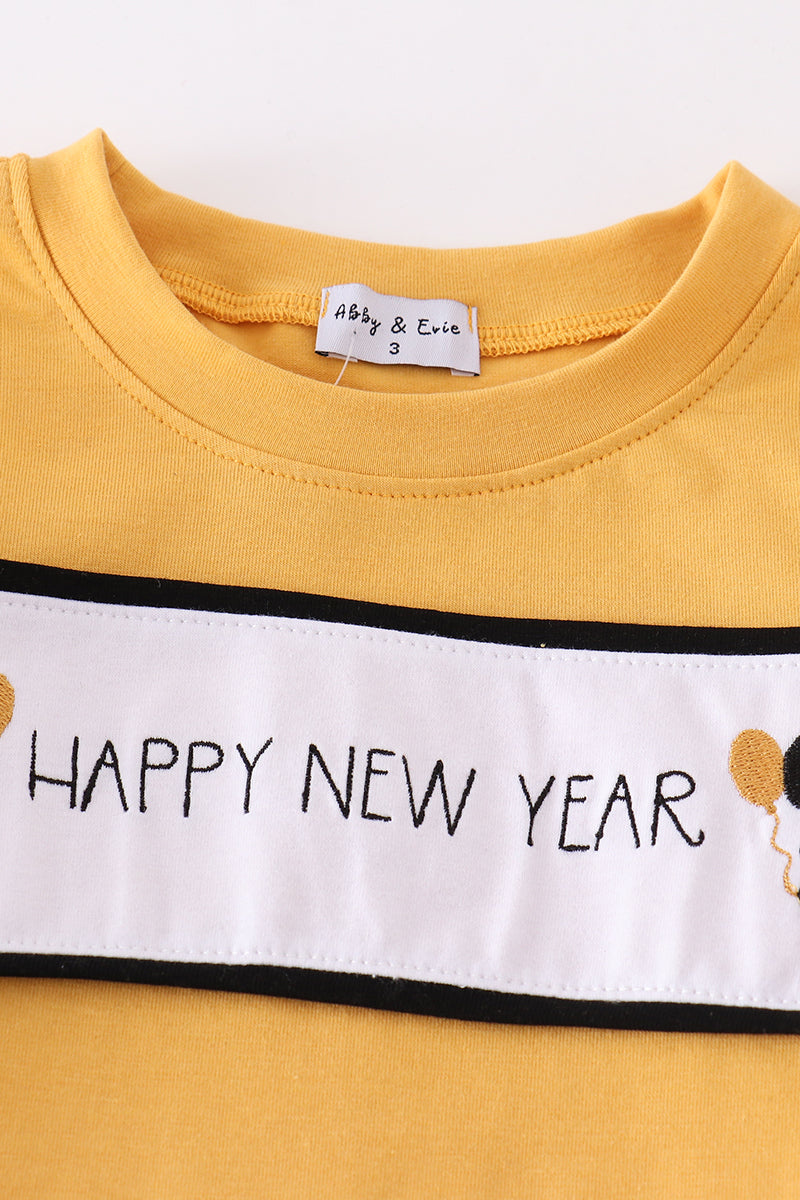 Abby & Evie Mustard happy new year embroidery boy set