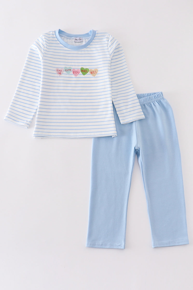 Abby & Evie Blue stripe valentine heart embroidery boy set