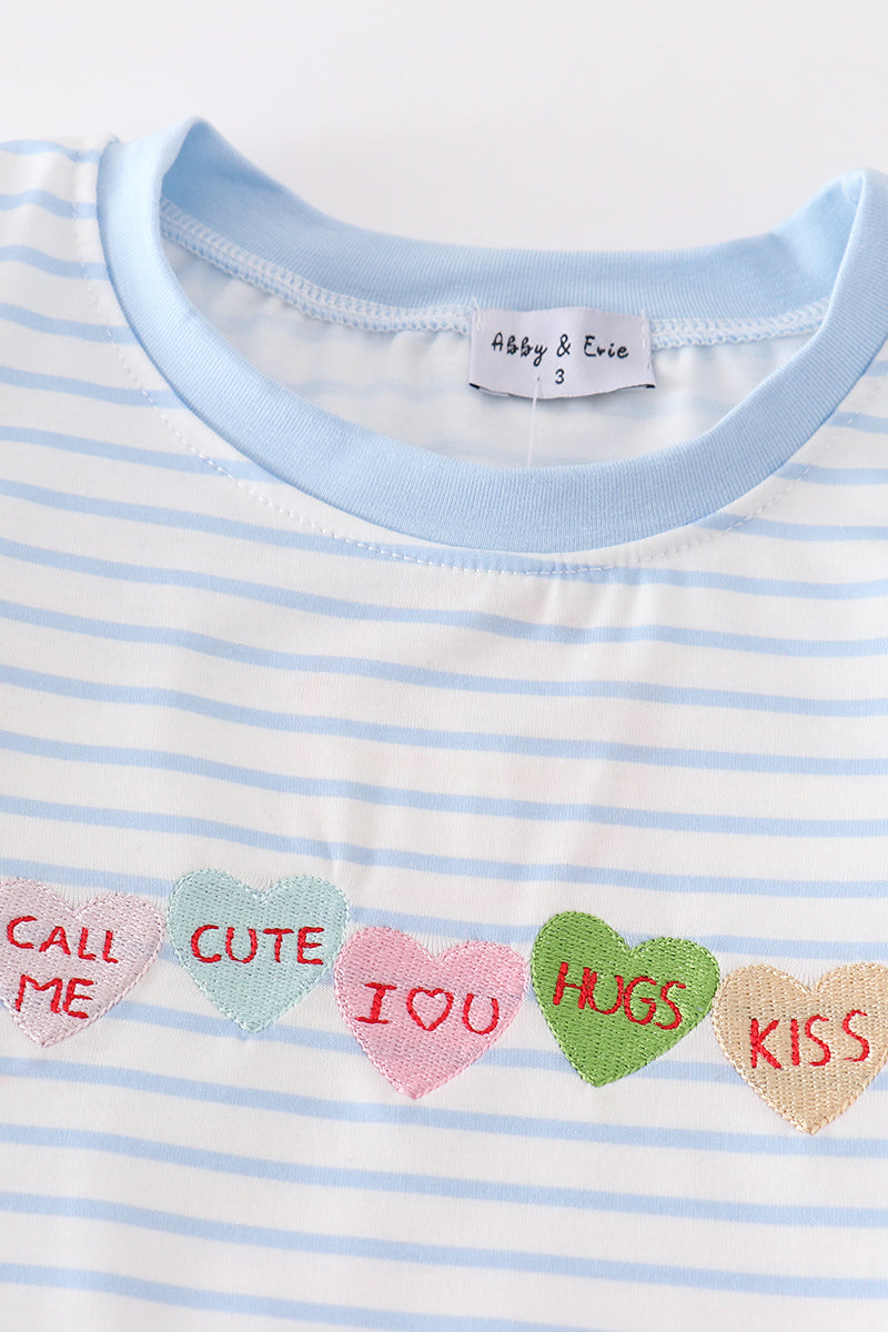 Abby & Evie Blue stripe valentine heart embroidery boy set