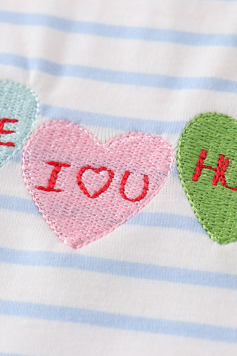 Abby & Evie Blue stripe valentine heart embroidery boy set