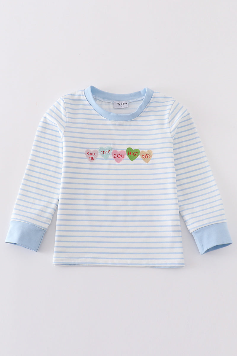 Abby & Evie Blue stripe valentine heart embroidery boy top