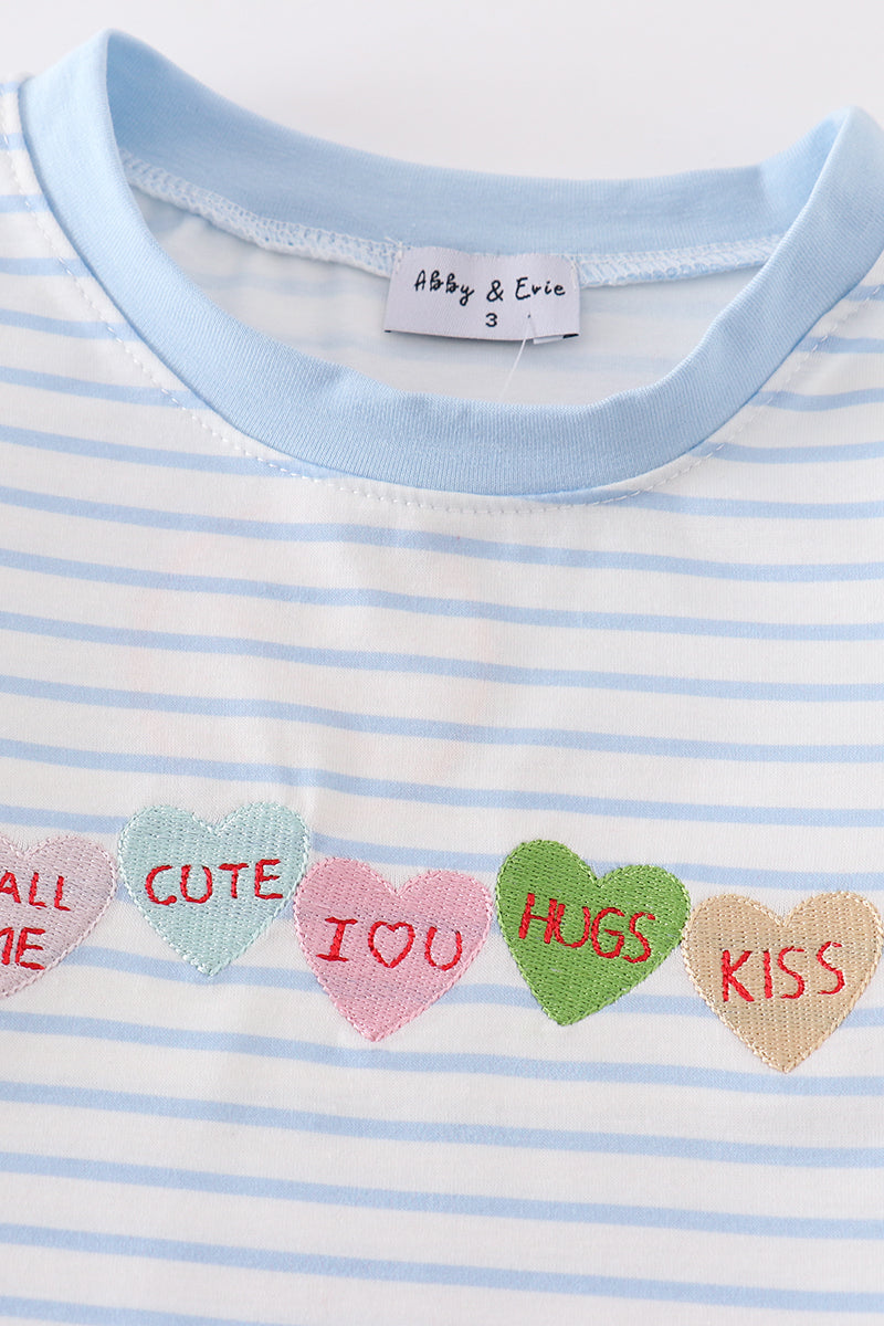 Abby & Evie Blue stripe valentine heart embroidery boy top