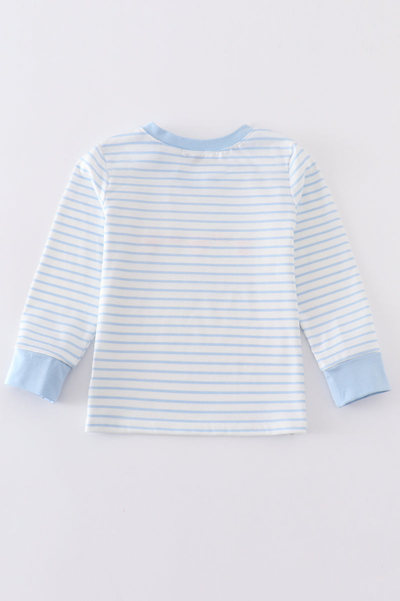 Abby & Evie Blue stripe valentine heart embroidery boy top