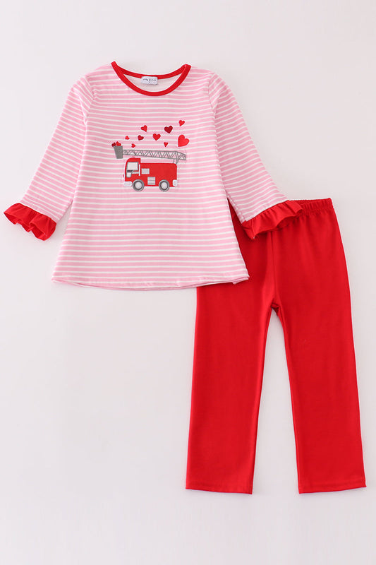 Abby & Evie Valentine's day fire truck applique girl set