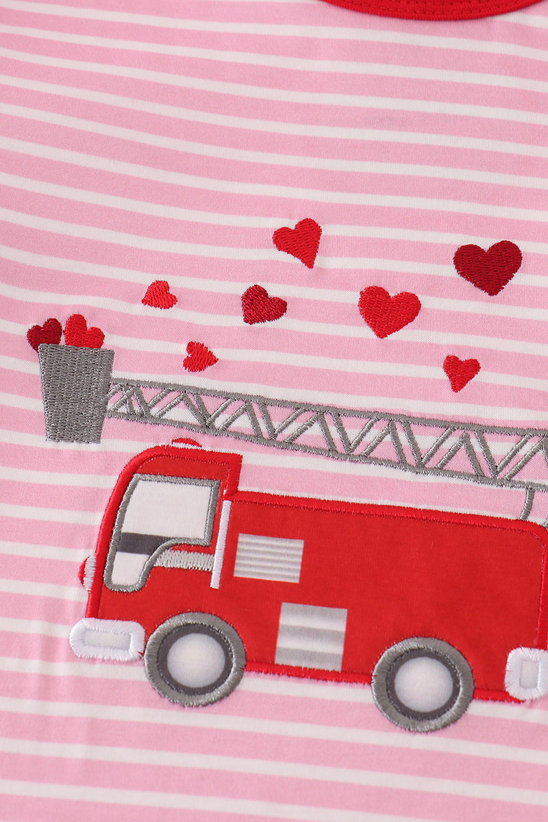 Abby & Evie Valentine's day fire truck applique girl set