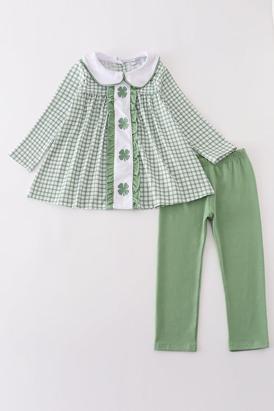 Abby & Evie Green clover embroidery girl set