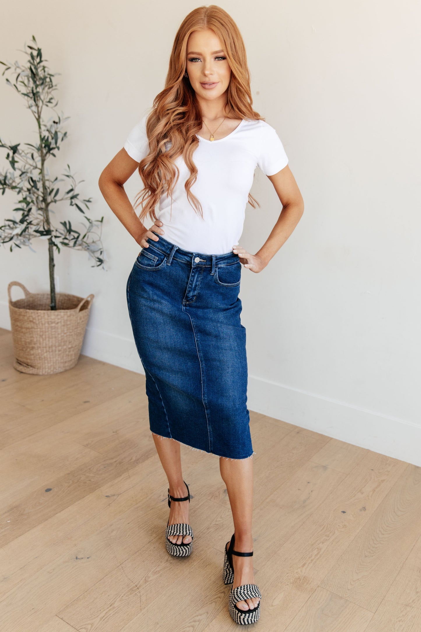 Marcy High Rise Denim Midi Skirt - G Marie's Boutique 