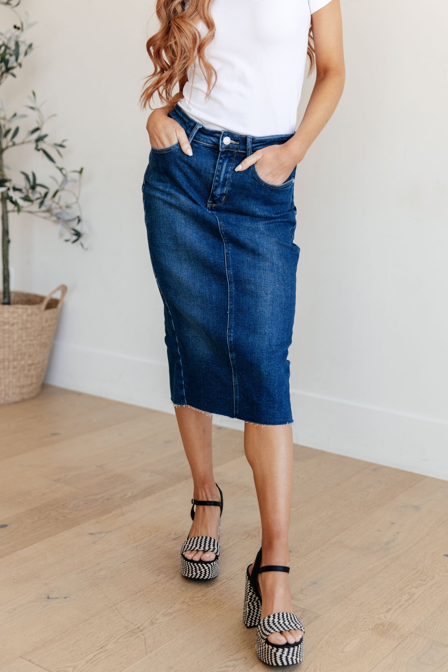 Marcy High Rise Denim Midi Skirt - G Marie's Boutique 