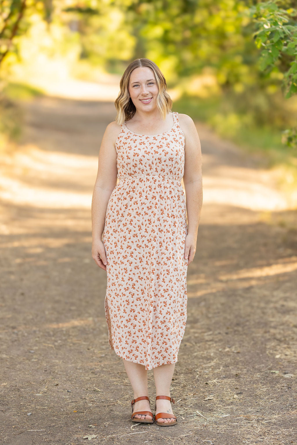 Michelle Mae Reagan Ribbed Midi Dress - Sand and Rust Floral