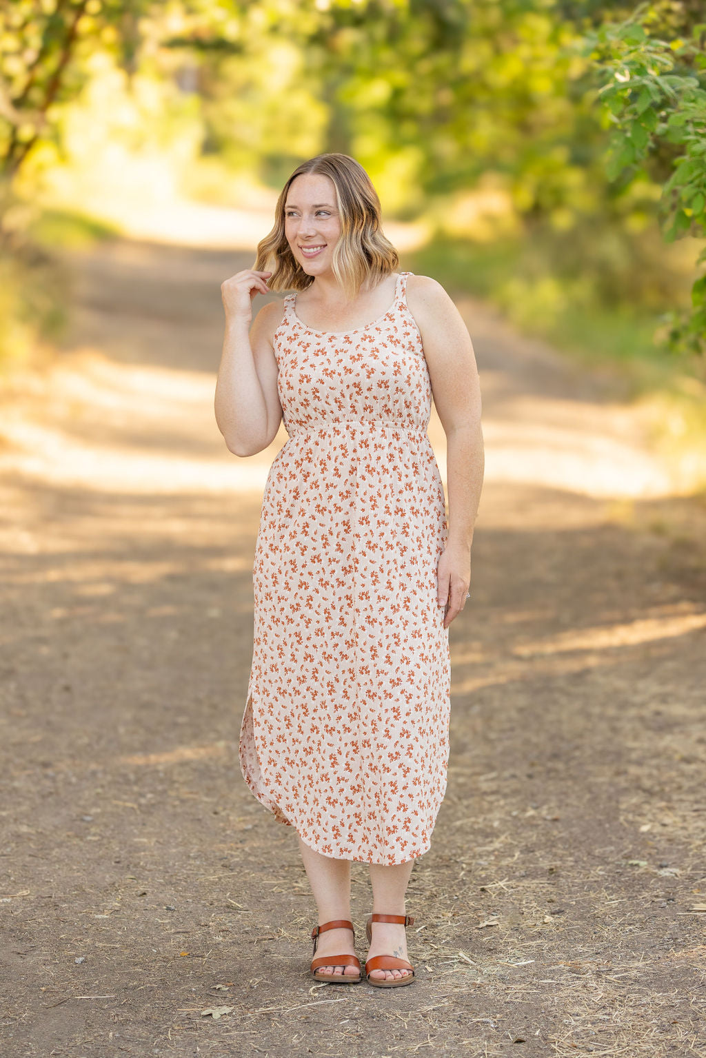 Michelle Mae Reagan Ribbed Midi Dress - Sand and Rust Floral