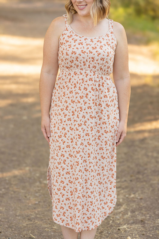 ribbed midi dress sand and rust floral womans dress