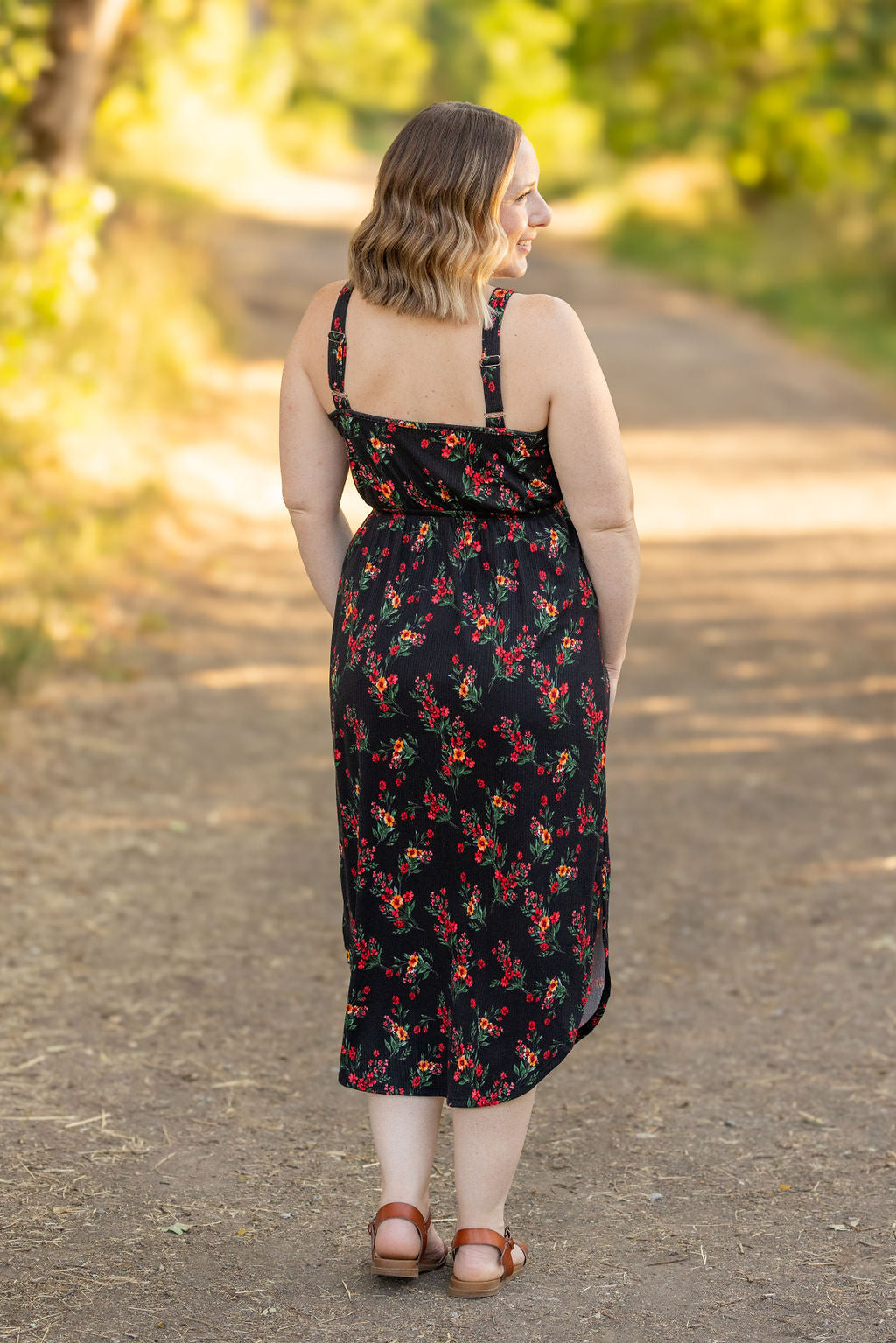 Michelle Mae Reagan Ribbed Midi Dress - Black Floral