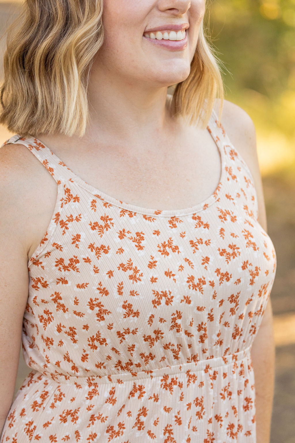 Michelle Mae Reagan Ribbed Midi Dress - Sand and Rust Floral