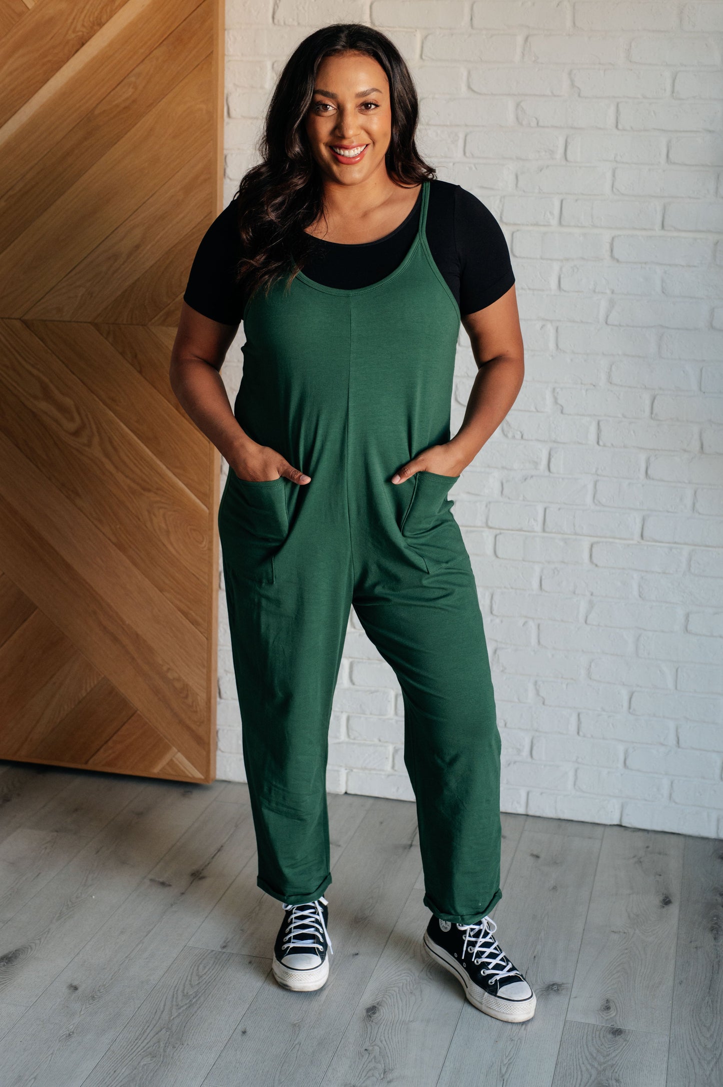 Zenana Totally Me Spaghetti Strap Jumpsuit in Dark Green