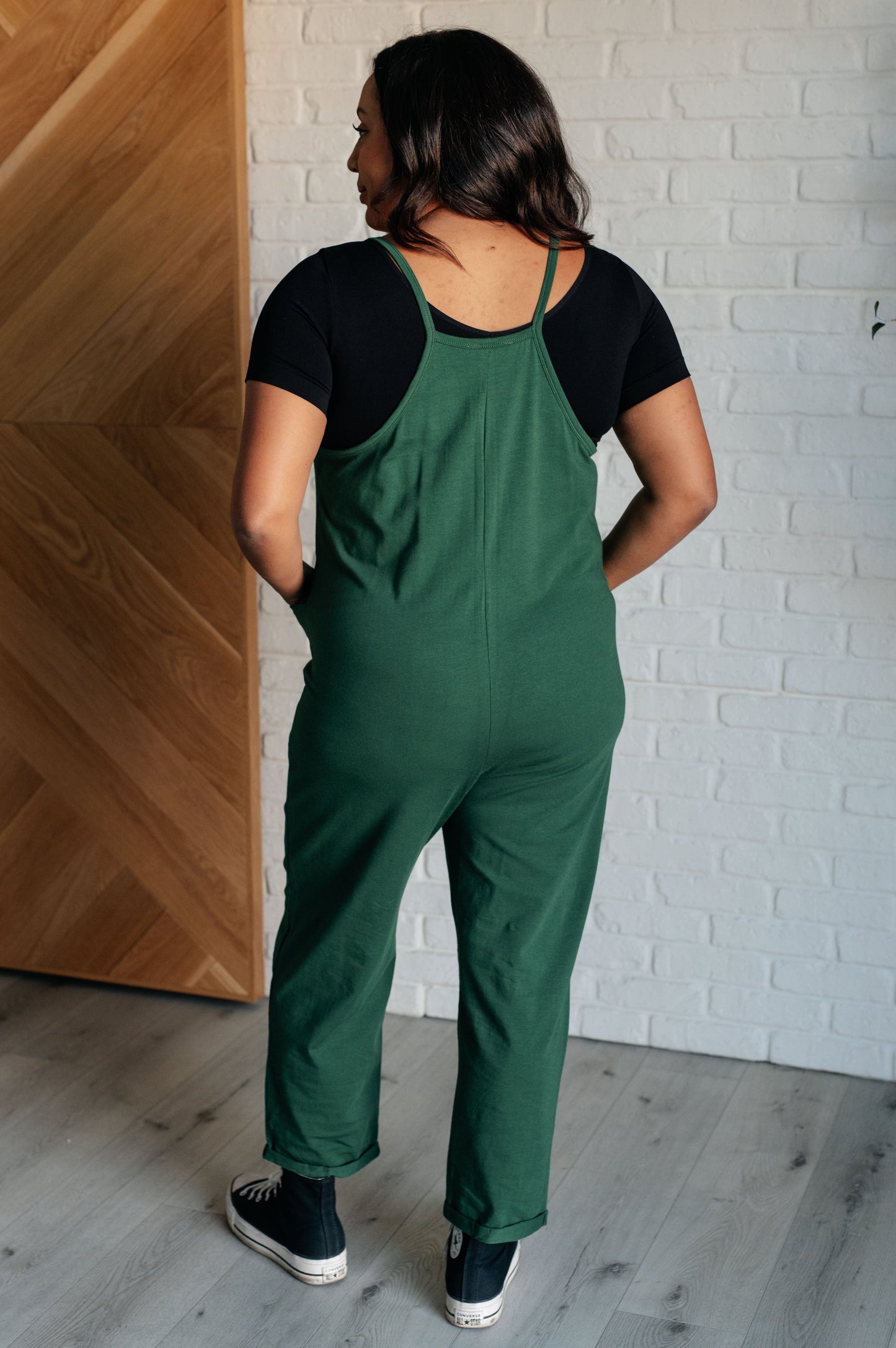 Zenana Totally Me Spaghetti Strap Jumpsuit in Dark Green