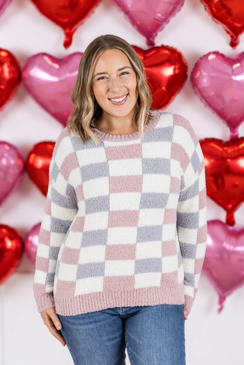 Michelle Mae Checkered Sweater - Grey and Pink