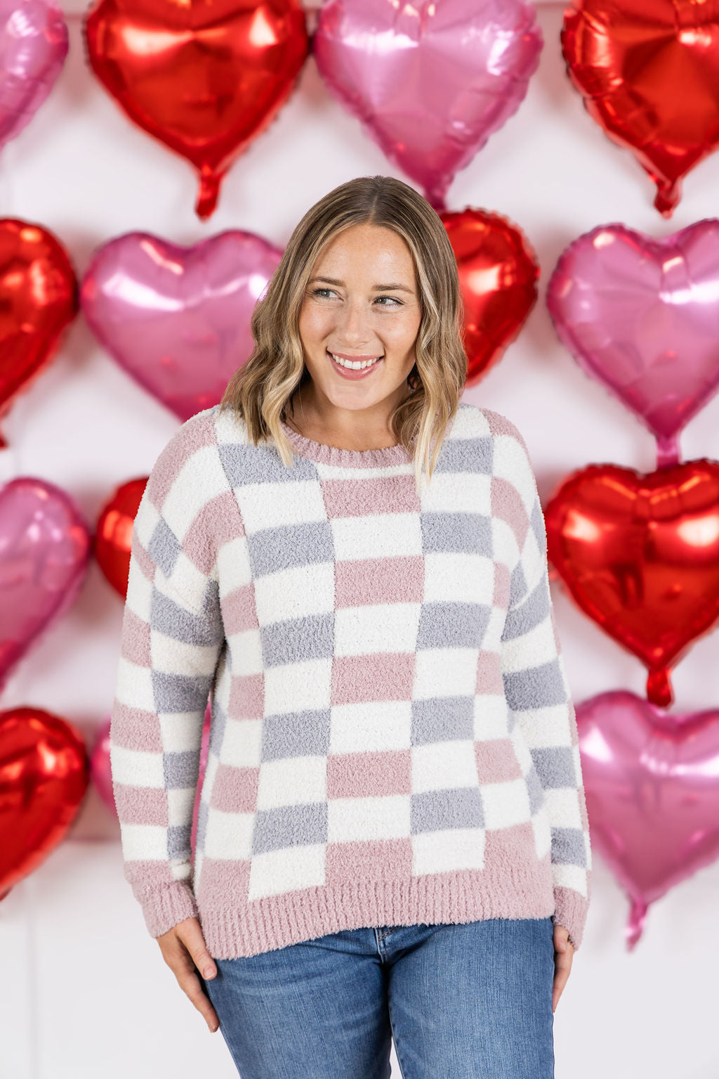 Michelle Mae Checkered Sweater - Grey and Pink