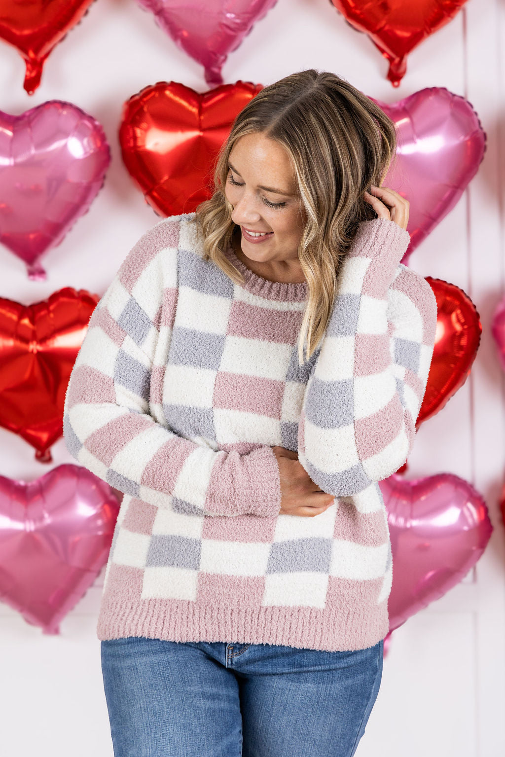 Michelle Mae Checkered Sweater - Grey and Pink