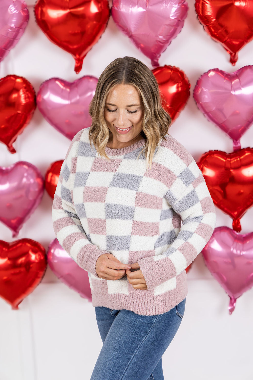 Michelle Mae Checkered Sweater - Grey and Pink