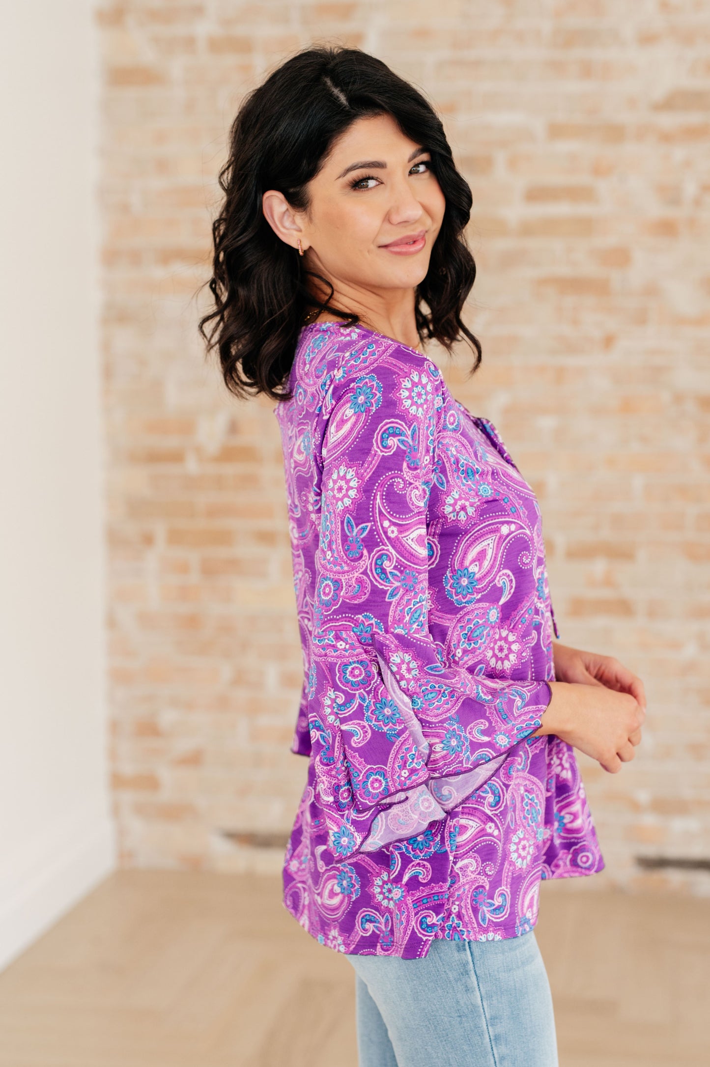 Dear Scarlett Willow Bell Sleeve Top in Lavender Paisley