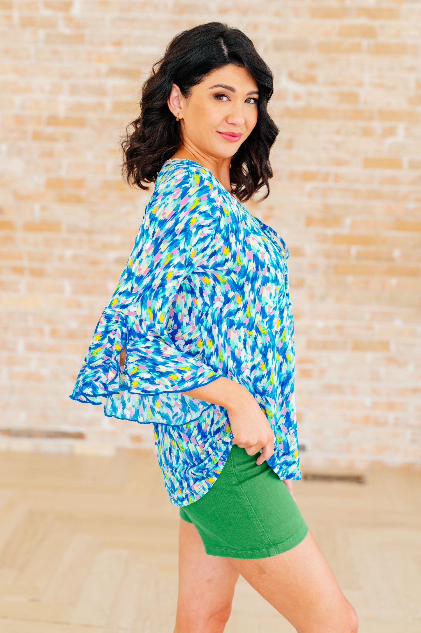 Dear Scarlett Willow Bell Sleeve Top in Royal Brushed Multi