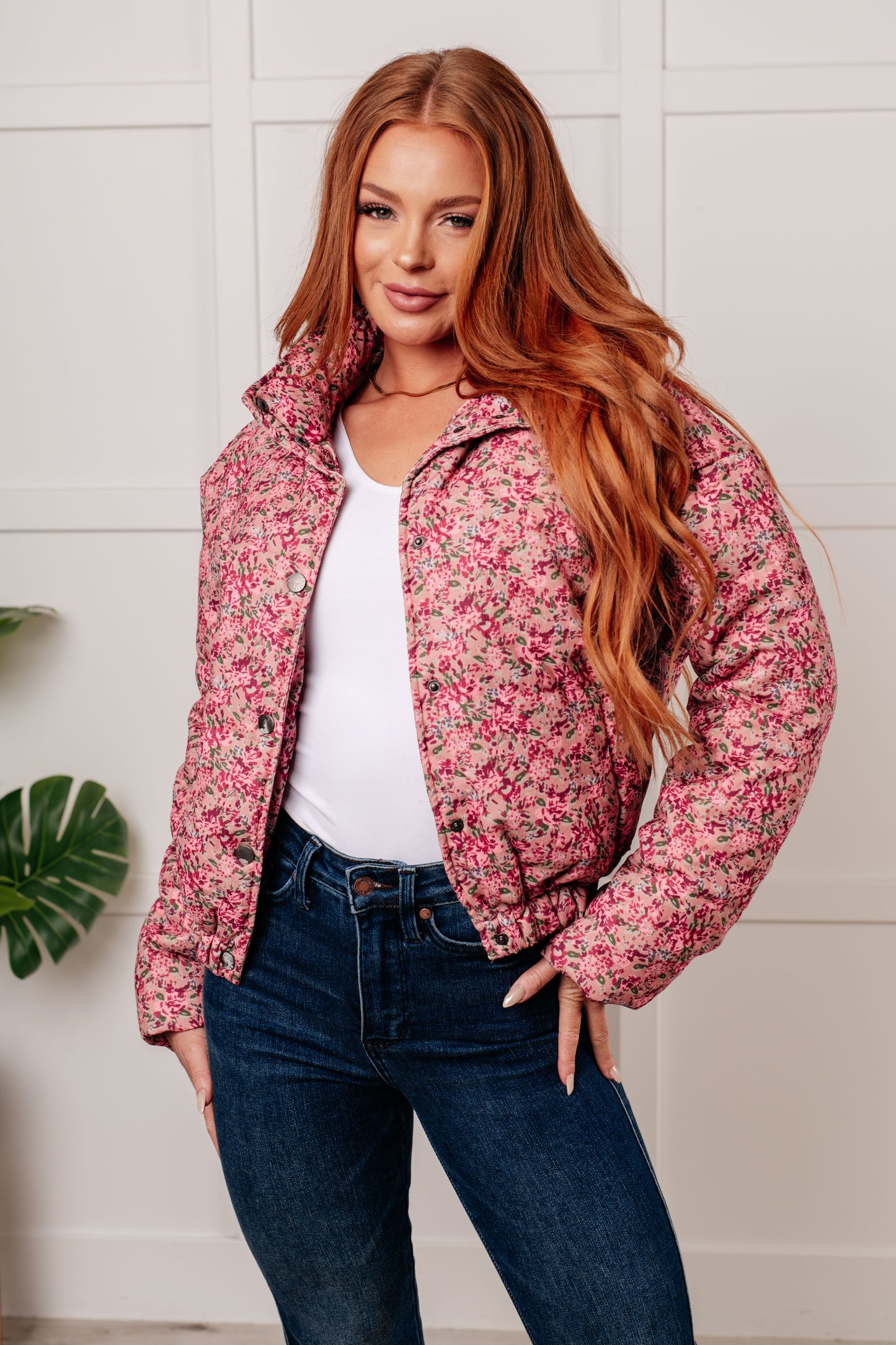 Polagram Wish Me Well Floral Printed Puffer Jacket in Rose Multi