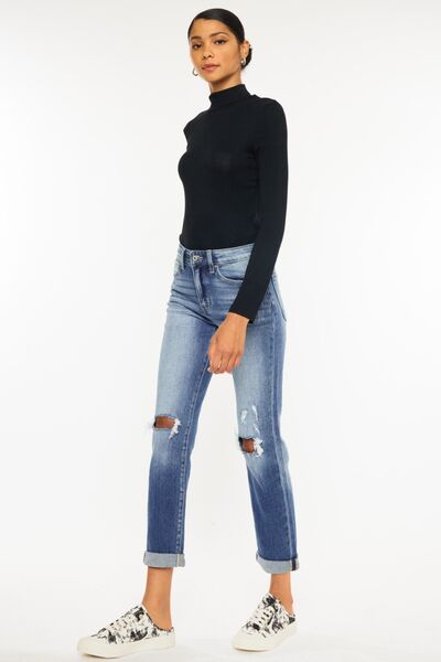 Kancan High Waist Distressed Hem Detail Cropped Straight Jeans - G Marie's Boutique 