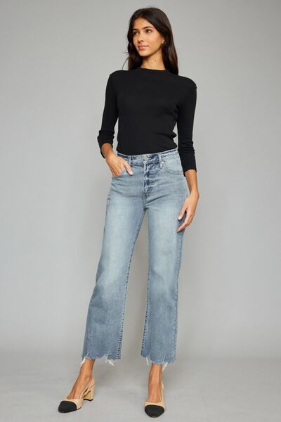 Kancan High Waist Raw Hem Cropped Wide Leg Jeans - G Marie's Boutique 