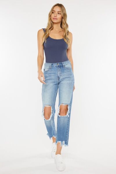 Kancan High Waist Chewed Up Straight Mom Jeans - G Marie's Boutique 