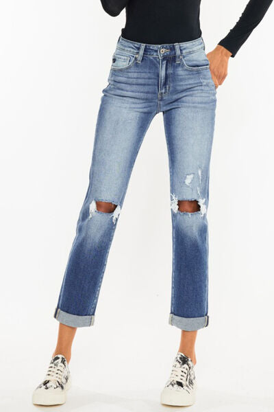 Kancan High Waist Distressed Hem Detail Cropped Straight Jeans - G Marie's Boutique 