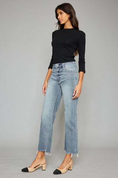 Kancan High Waist Raw Hem Cropped Wide Leg Jeans - G Marie's Boutique 