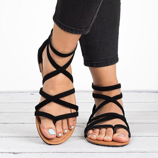 Women Sandals Fashion Sandals for Women 2021 Summer Shoes Female Flat Solid Color Sandals Rome Style Cross Straps Shoes Women - G Marie's Boutique 