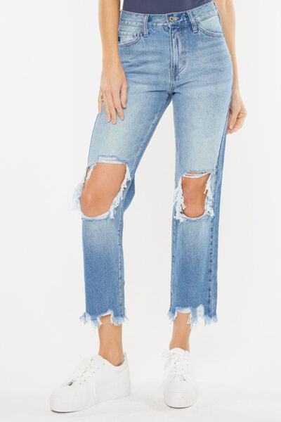 Kancan High Waist Chewed Up Straight Mom Jeans - G Marie's Boutique 