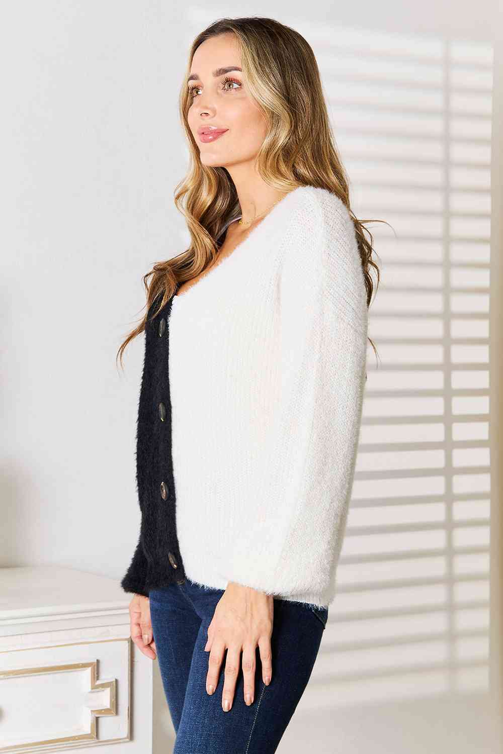 Woven Right Contrast Button-Front V-Neck Cardigan - G Marie's Boutique 