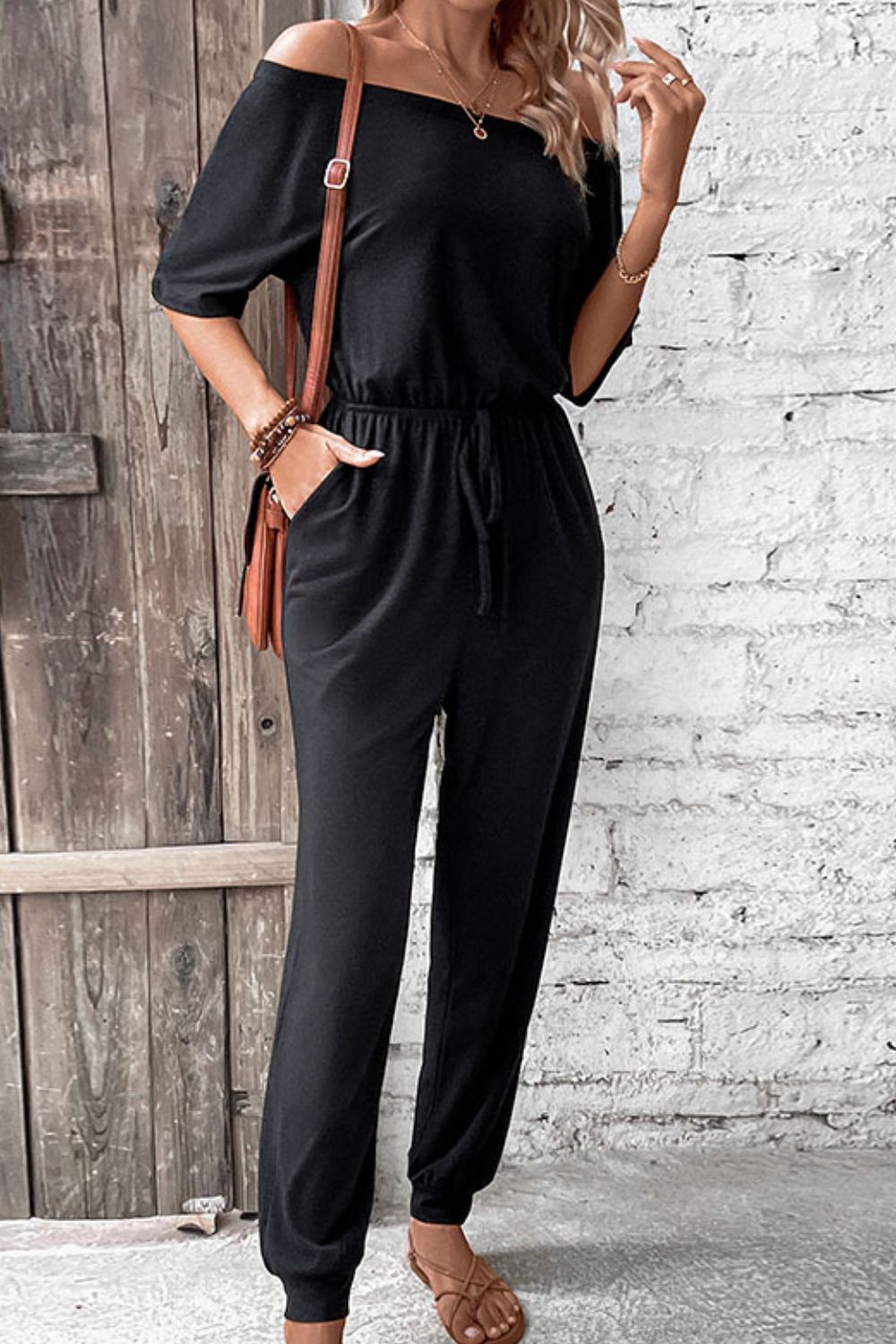 Off-Shoulder Jumpsuit with Pockets - G Marie's Boutique 