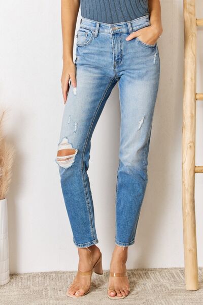 Kancan High Rise Distressed Slim Straight Jeans - G Marie's Boutique 