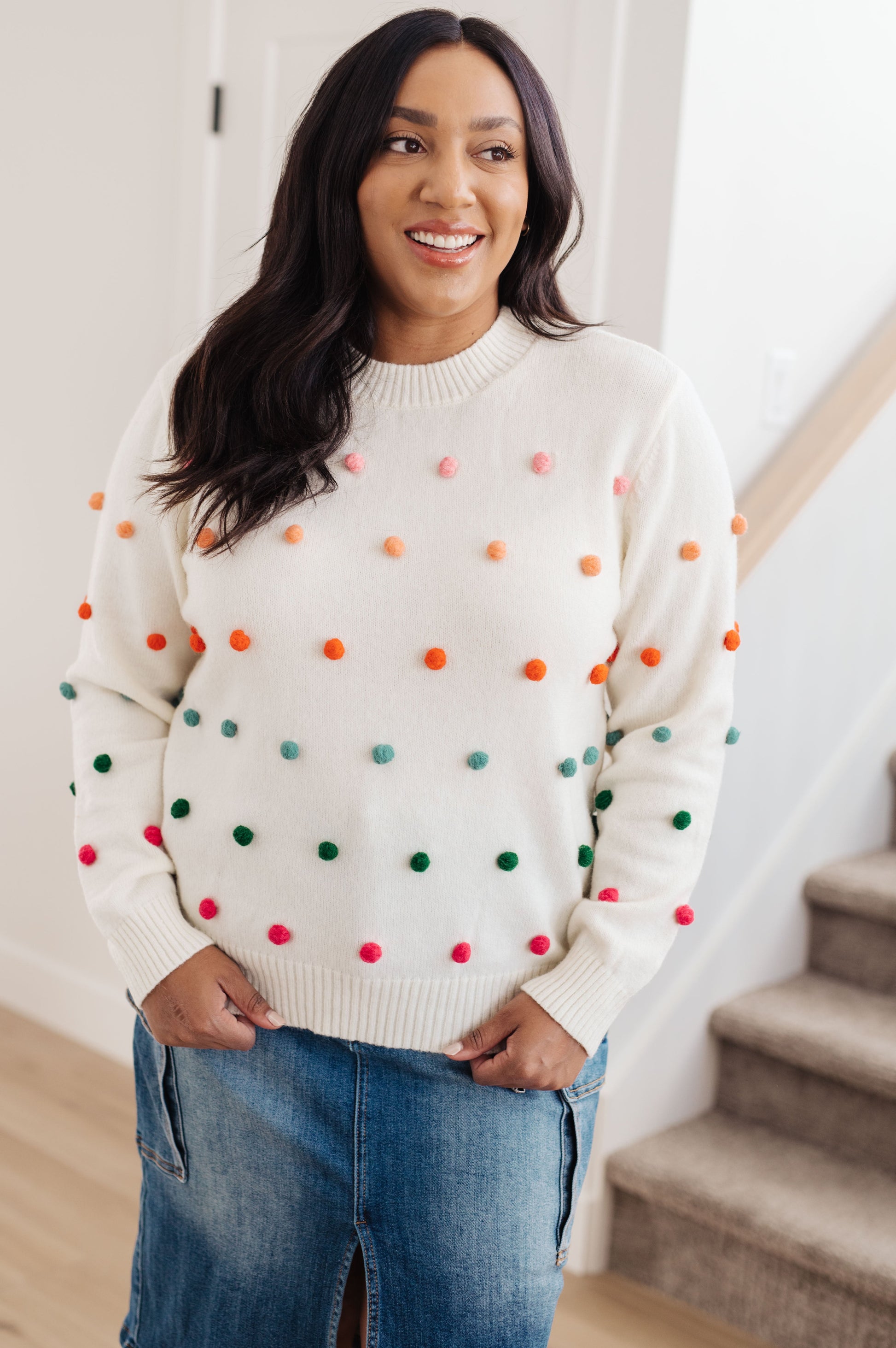 Candy Buttons Pom Detail Sweater - G Marie's Boutique 