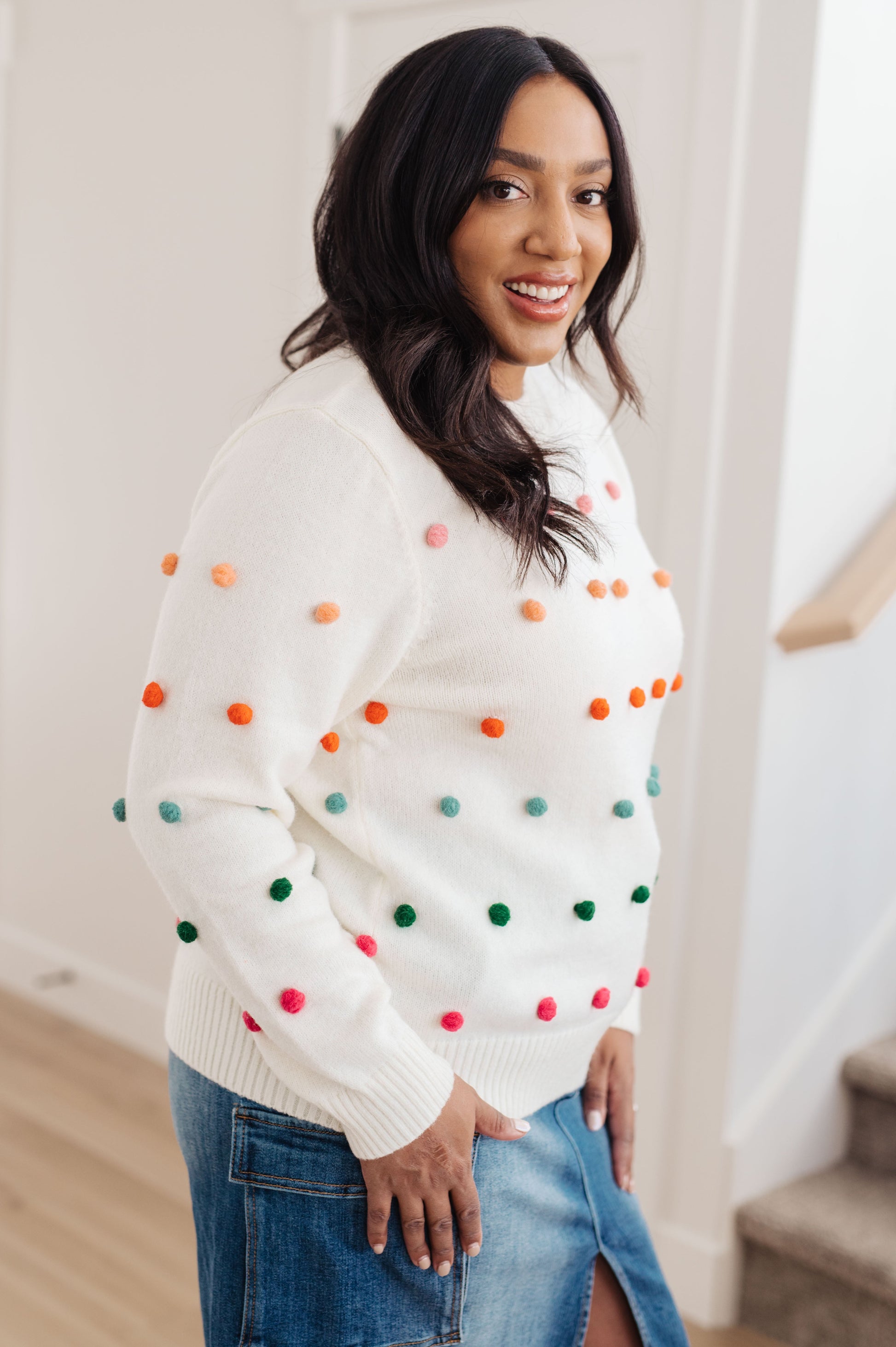 Candy Buttons Pom Detail Sweater - G Marie's Boutique 