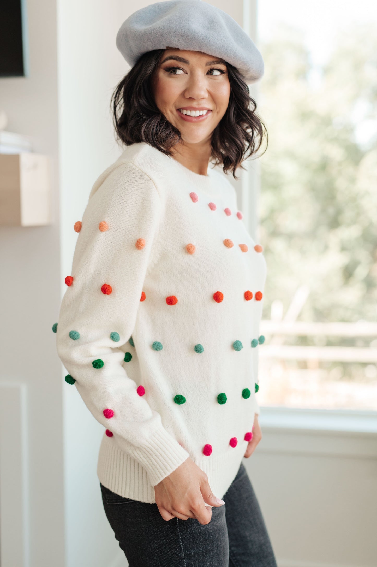 Candy Buttons Pom Detail Sweater - G Marie's Boutique 