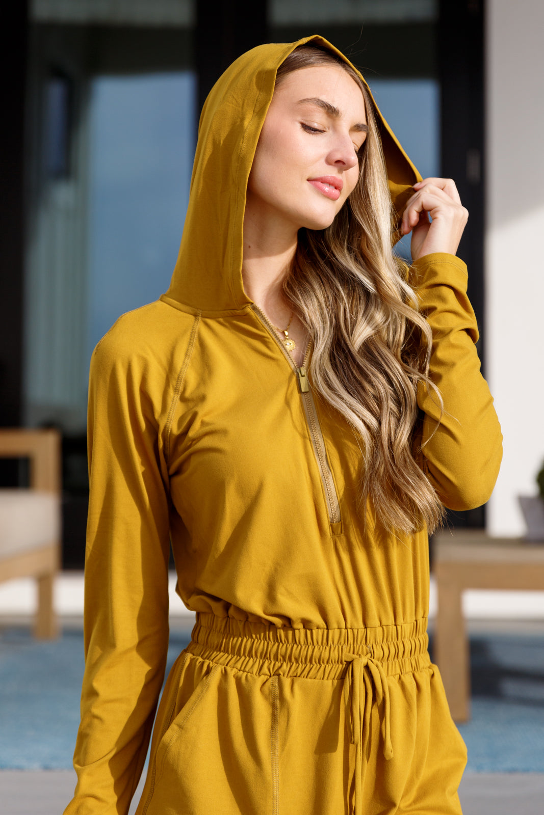 Getting Out Long Sleeve Hoodie Romper Gold Spice - G Marie's Boutique 