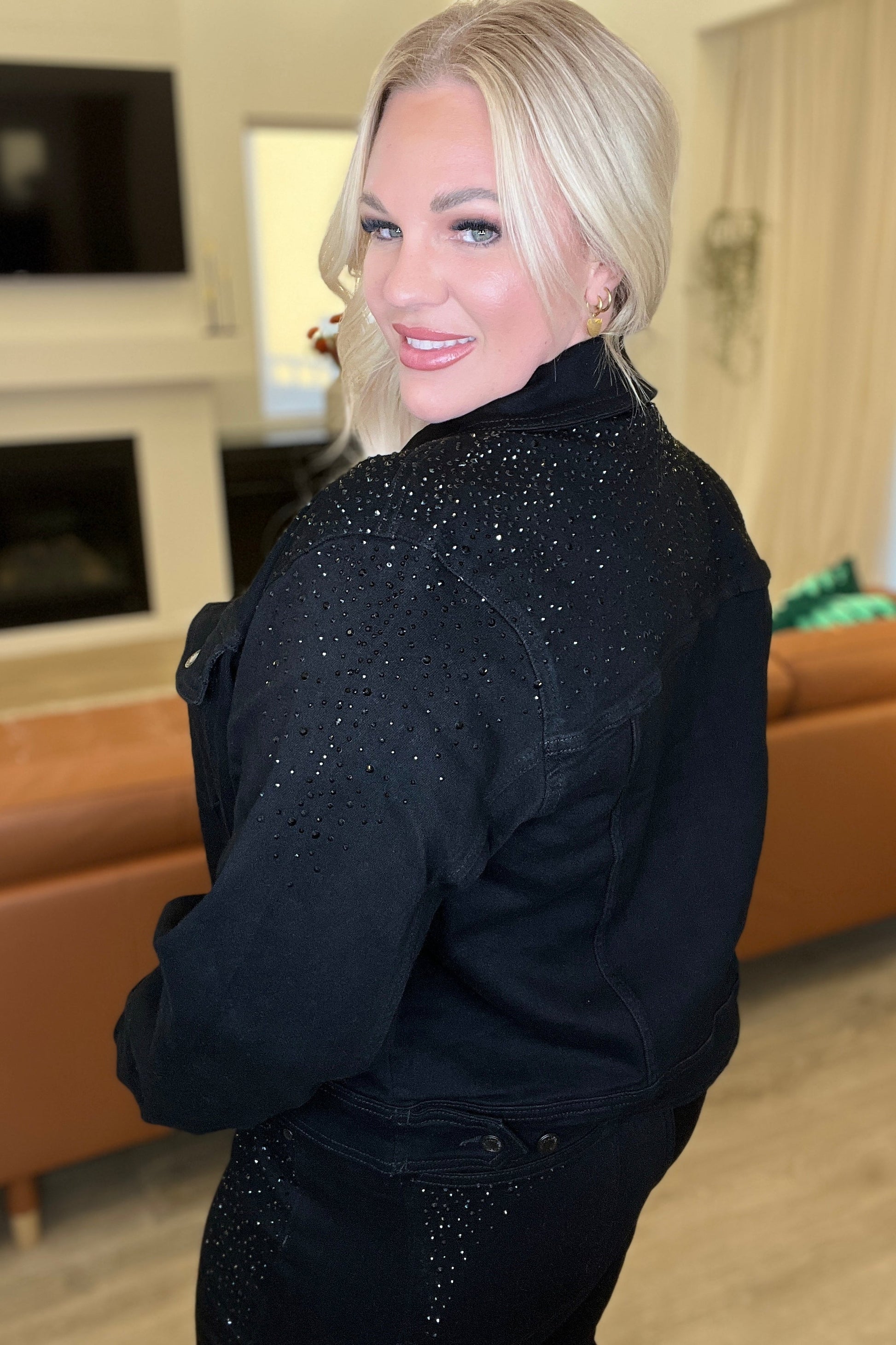 Reese Rhinestone Denim Jacket in Black - G Marie's Boutique 