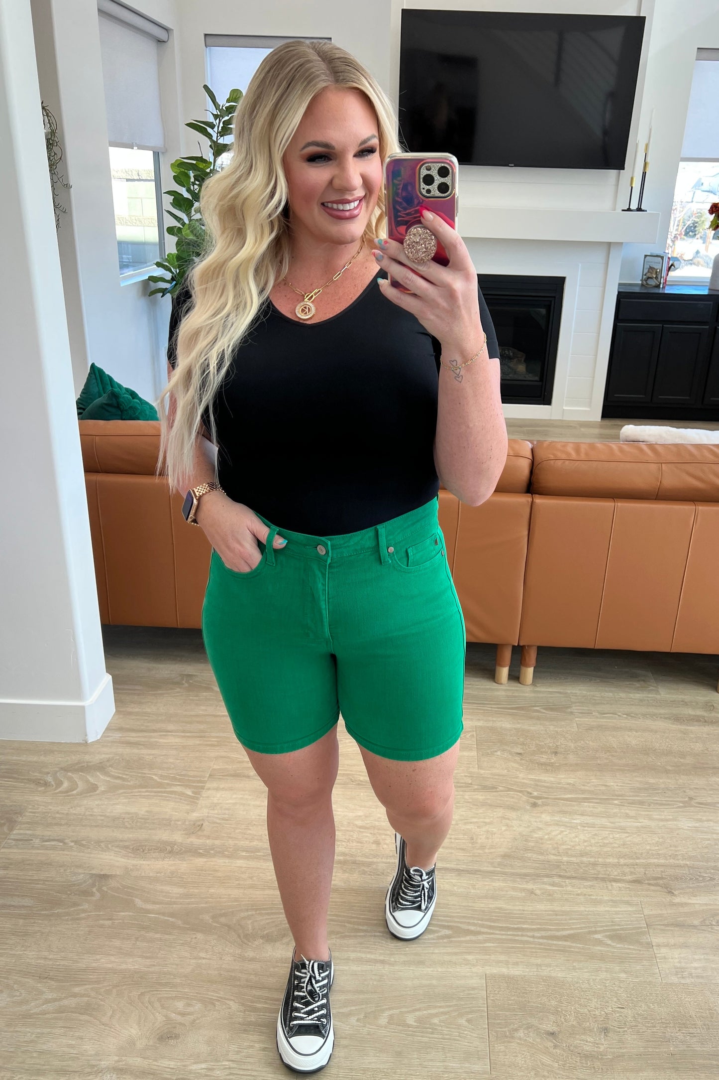 Jenna High Rise Control Top Cuffed Shorts in Green - G Marie's Boutique 