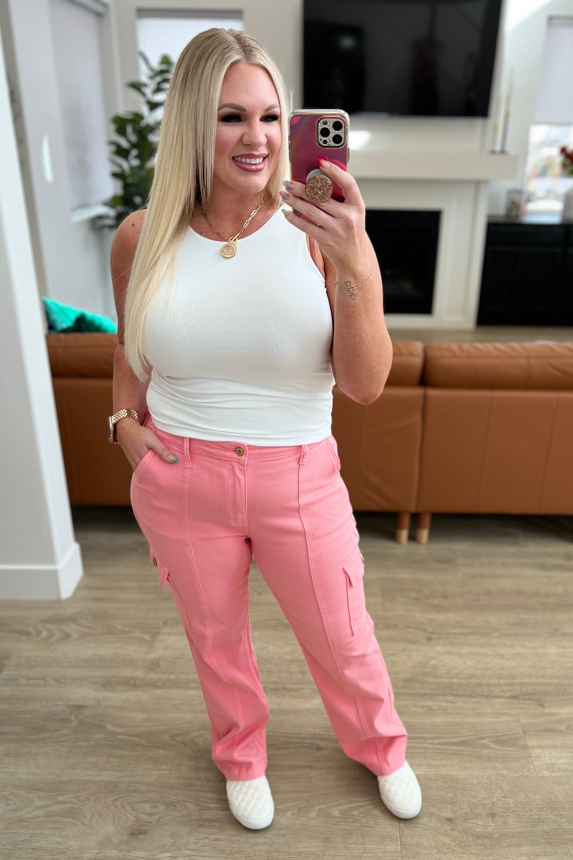 Peggy High Rise Cargo Straight Jeans in Pink - G Marie's Boutique 