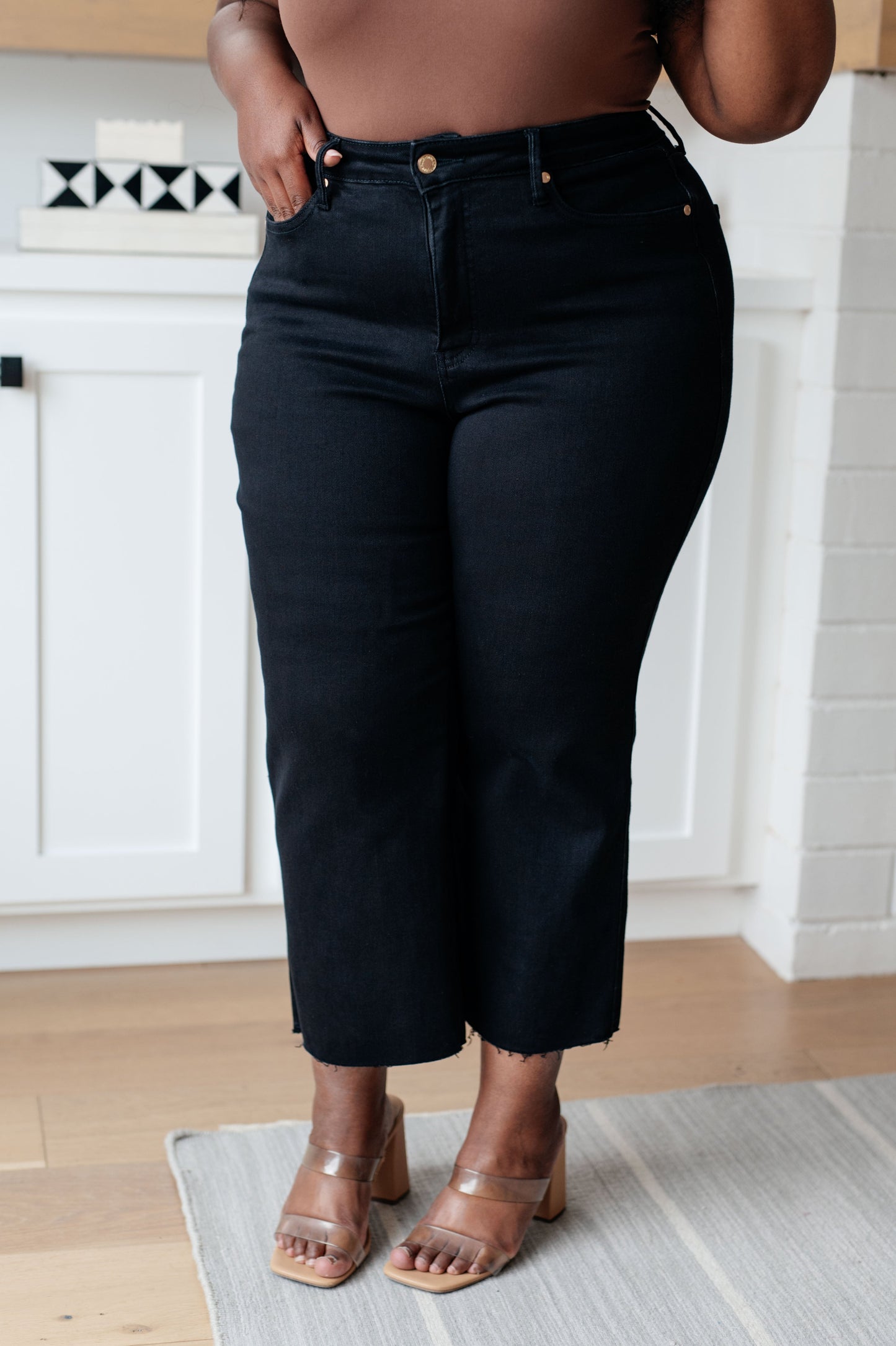 Lizzy High Rise Control Top Wide Leg Crop Jeans in Black - G Marie's Boutique 